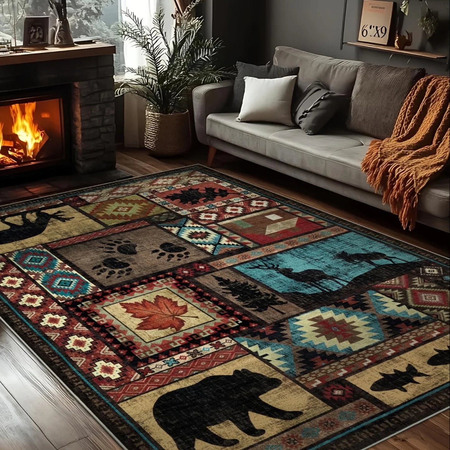 Rustic Cabin Area Mat Southwestern Lodge Bear Nature Print Mat with Large for Living Room Bedroom Home Decor Rugs for Bedroom