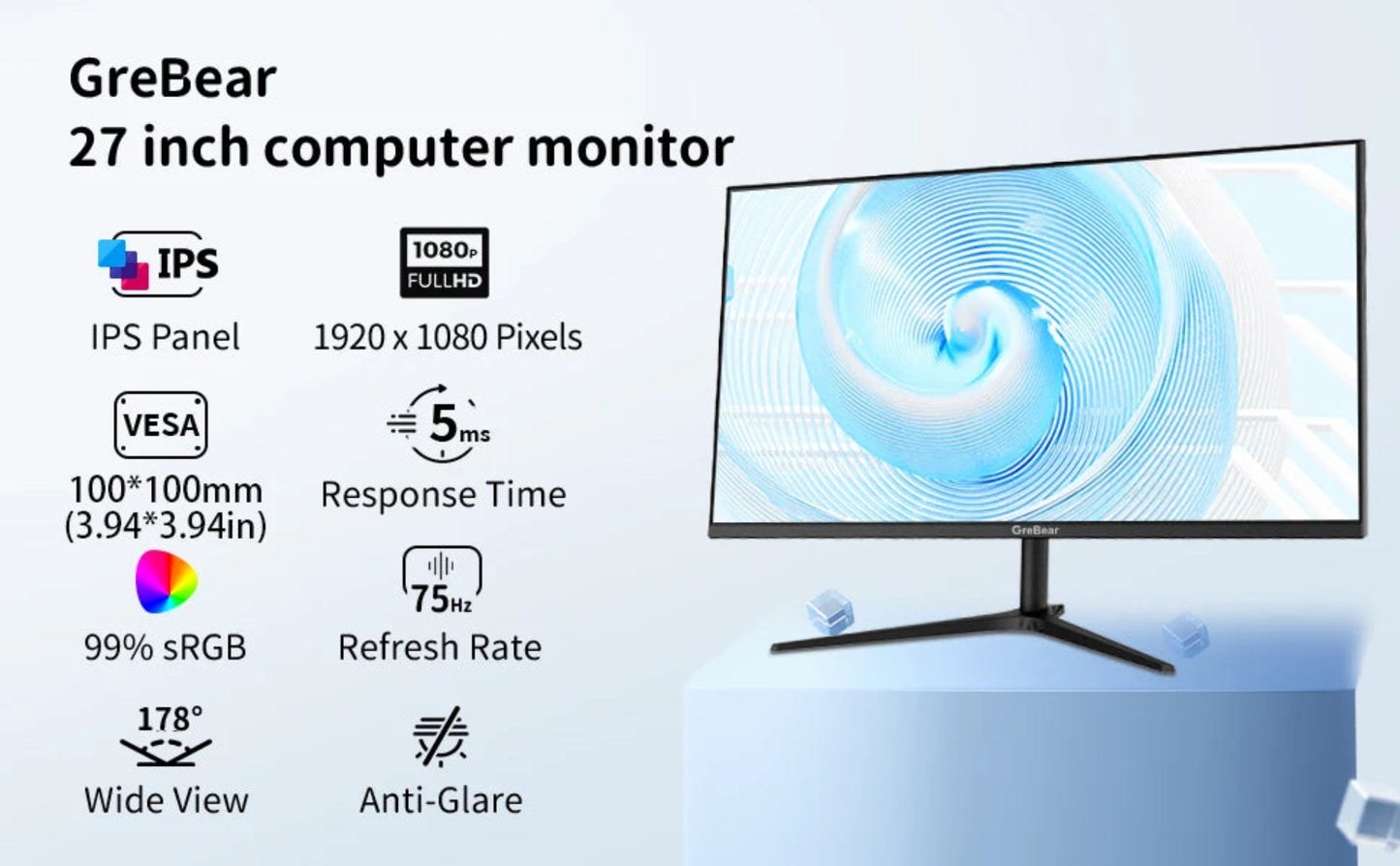 27-inch Computer Monitor IPS Panel PC Monitors FHD 1080p 75Hz LED Display Home Office Desktop Screen, HDMI, VGA, Flicker