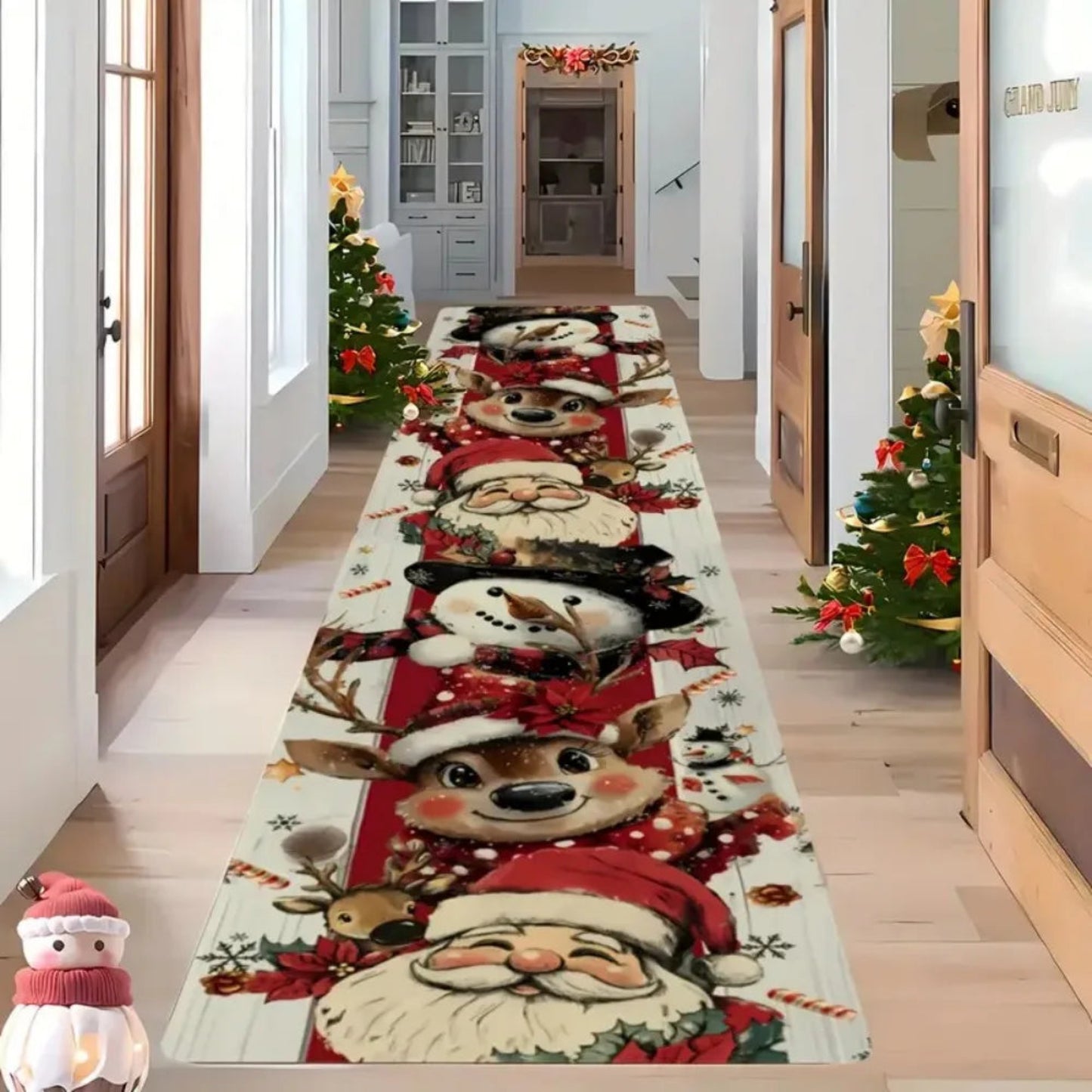 Santa Snowman Reindeer Winter Floor Mat With Plaid And Floral Pattern Easy Cleaning Hallway Kitchen Bedroom Home Decor Rug