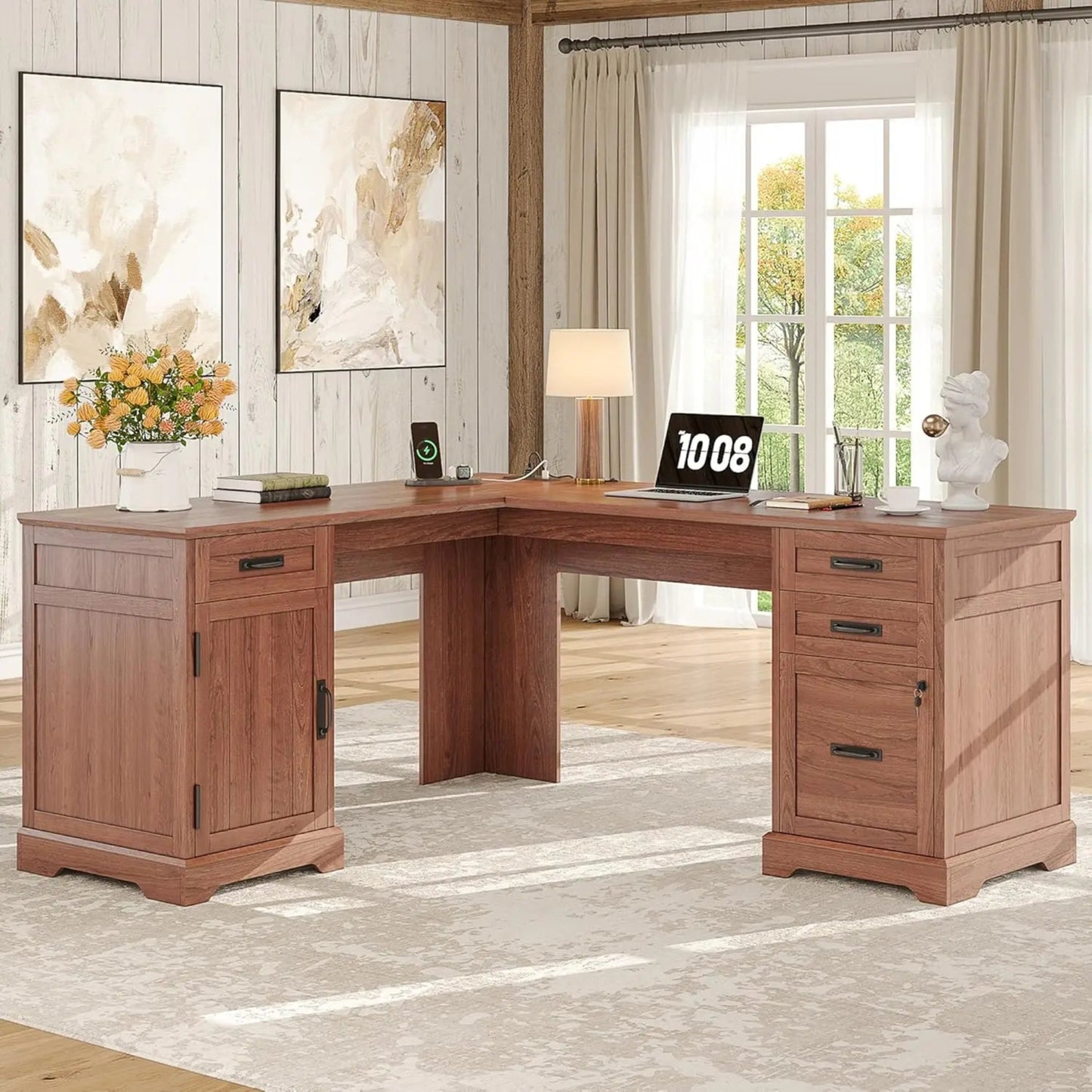 Farmhouse L Shaped Desk with Drawers, 67 Inch Executive Home Office Desk with File Cabinet, Computer Corner Desk with Charging