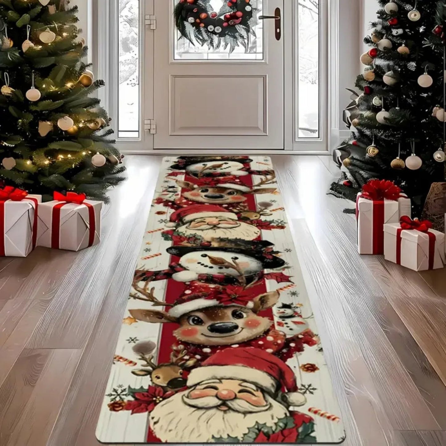Santa Snowman Reindeer Winter Floor Mat With Plaid And Floral Pattern Easy Cleaning Hallway Kitchen Bedroom Home Decor Rug