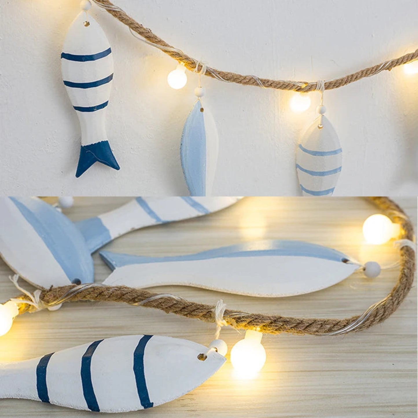 Mediterranean Fish Wall Hanging Pendant LED Light Fish String Ornament Home Bedroom Café Bar Decoration Ocean Nautical Theme