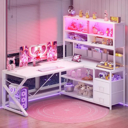 L Shaped Gaming Desk for Home Office Setup with Dual Drawers and Bookshelf Corner Computer Desk Featuring LED Lighting Glass Di
