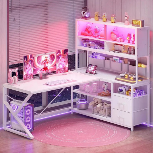 L Shaped Gaming Desk for Home Office Setup with Dual Drawers and Bookshelf Corner Computer Desk Featuring LED Lighting Glass Di
