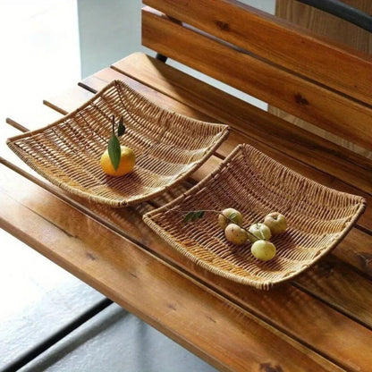 Handwoven Rattan Storage Basket Wicker Tray Picnic Basket Bread Food Plate Fruit Cake Sundries Box Tray