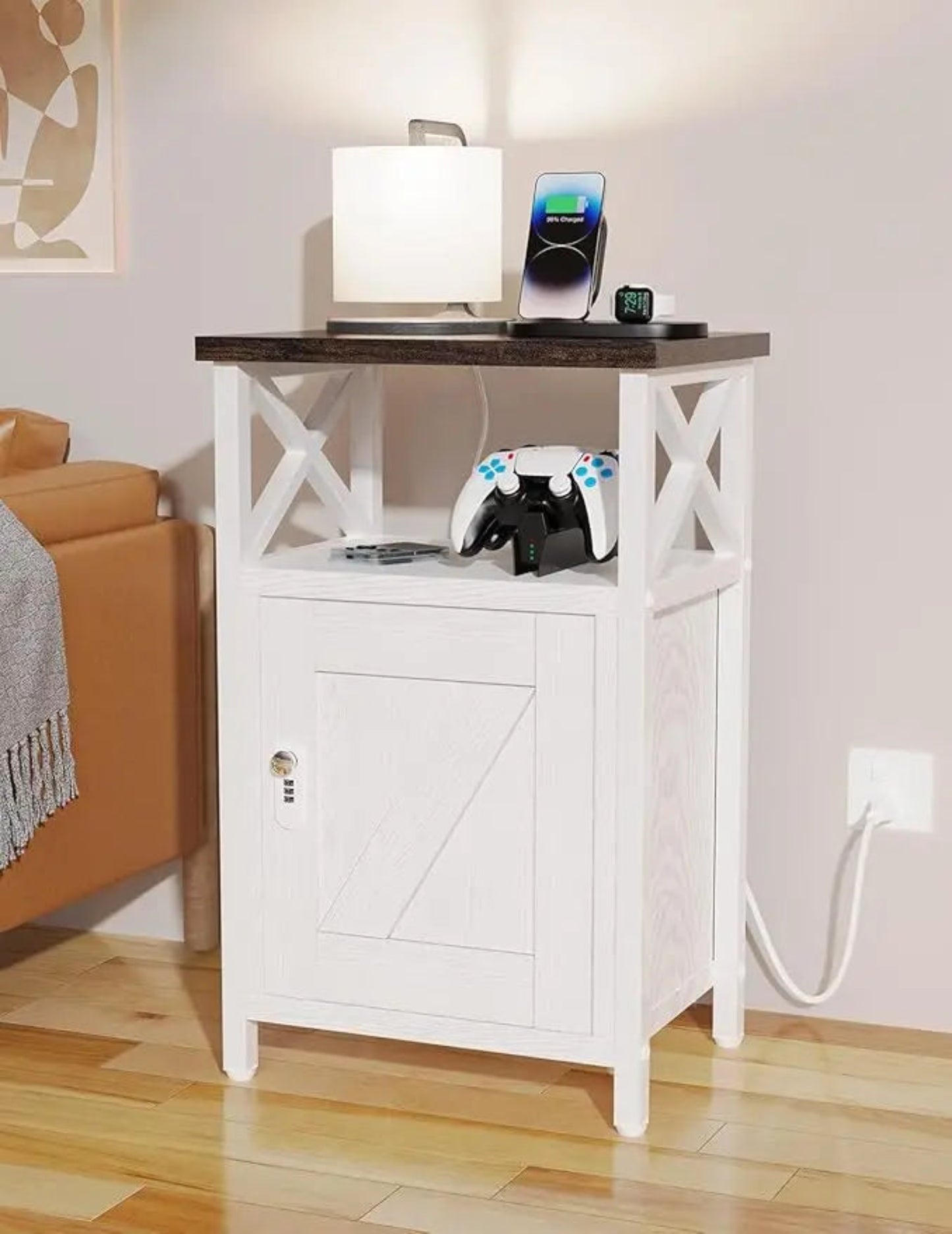 Wooden Nightstand with Charging Station, Bed Side Table with Drawers, Bedside Table with Lock, 3 USB & 2 Outlets, Night Stand