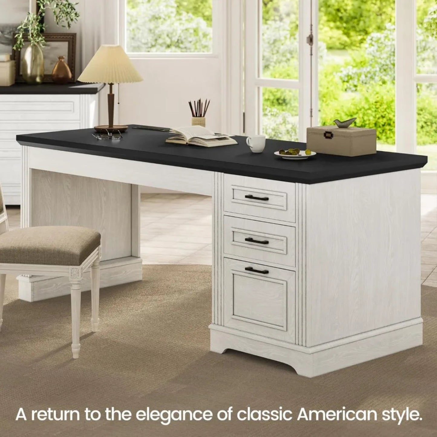 Farmhouse 55" Executive Desk, Computer Desk with Storage Drawers and Power Outlet, Home Office Desk, Workstation for Office Hom