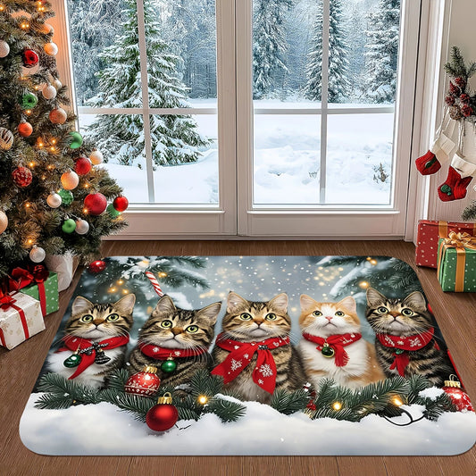 Christmas Cute Cat Rug, Indoor and Outdoor Entrance Carpet, Bathroom Floor Mat, Soft and Water-Resistant Home Decoration