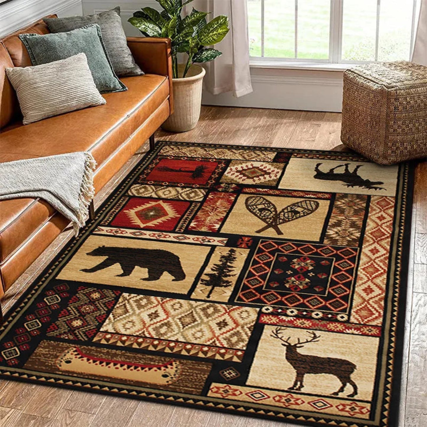 Buffalo Bear Rustic Rug Large Area Non-Slip Carpet Bear Elk Deer Wildlife Carpet Living Room Entrance Door Mats Indoor Foot Mat