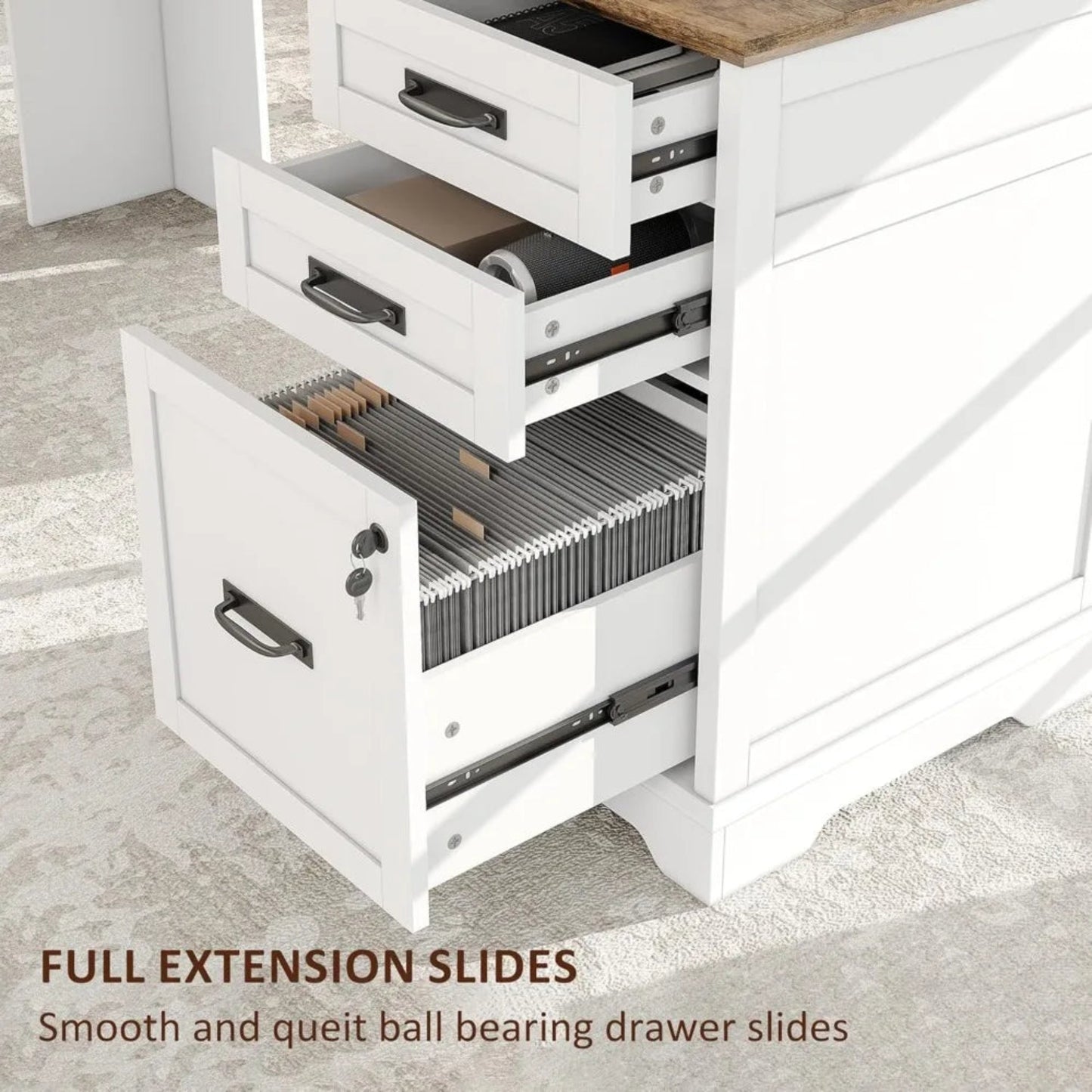 Farmhouse L Shaped Desk with Drawers, 67 Inch Executive Home Office Desk with File Cabinet, Computer Corner Desk with Charging