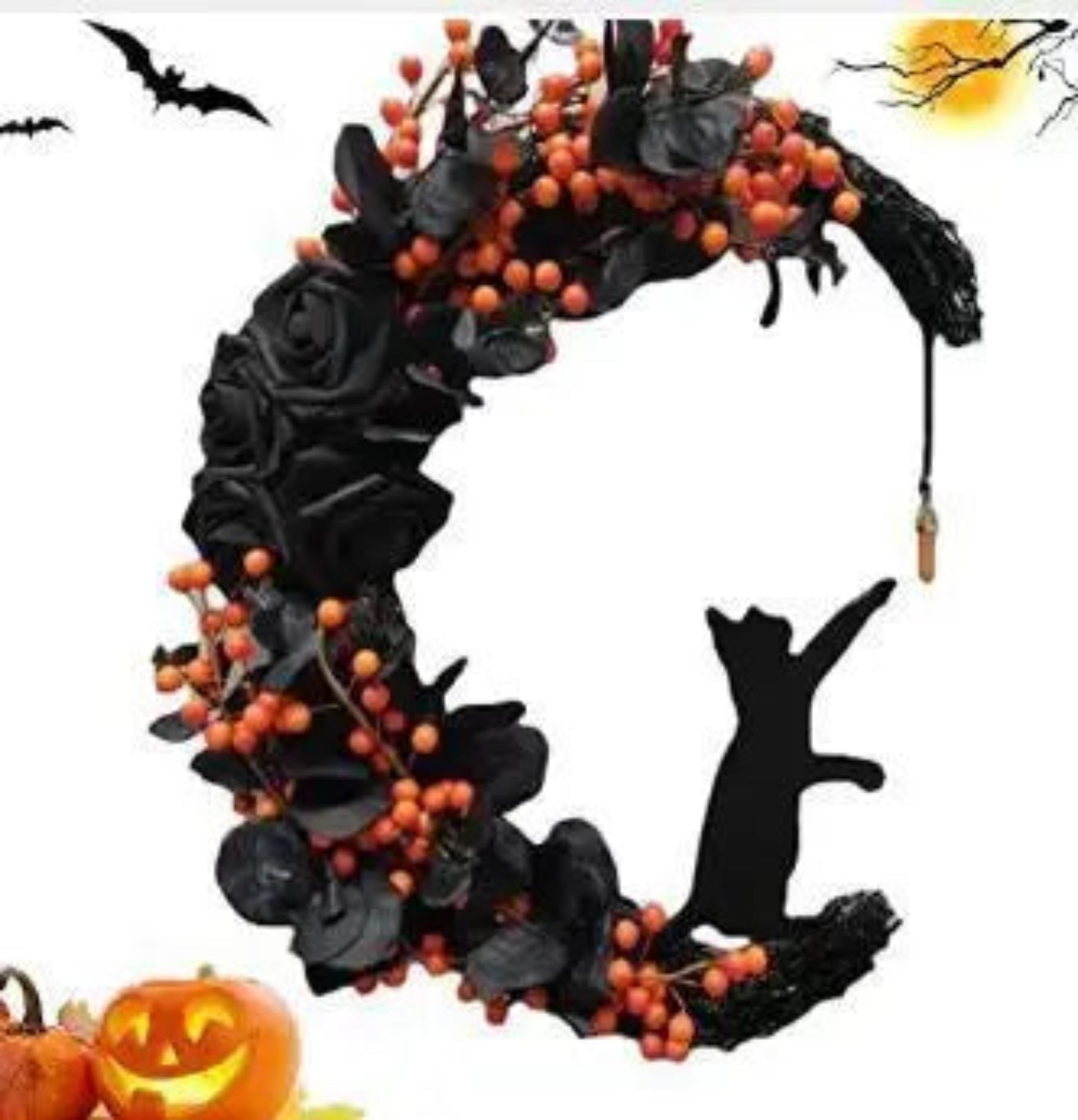Halloween Moon Cat Flower Wreath Door Hanging Decorations Simulate Black Rose Rattan Circle Atmosphere Decorations Wall Garland