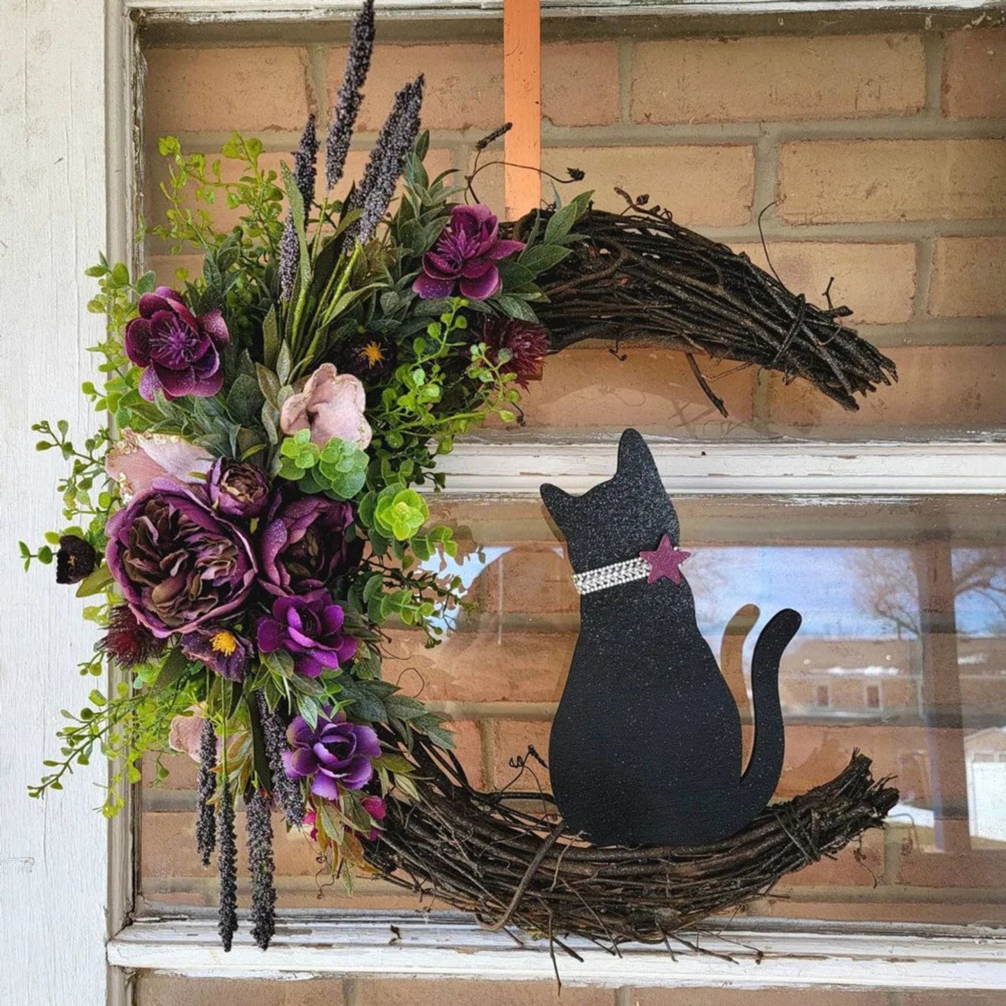 Halloween Moon Cat Flower Wreath Door Hanging Decorations Simulate Black Rose Rattan Circle Atmosphere Decorations Wall Garland