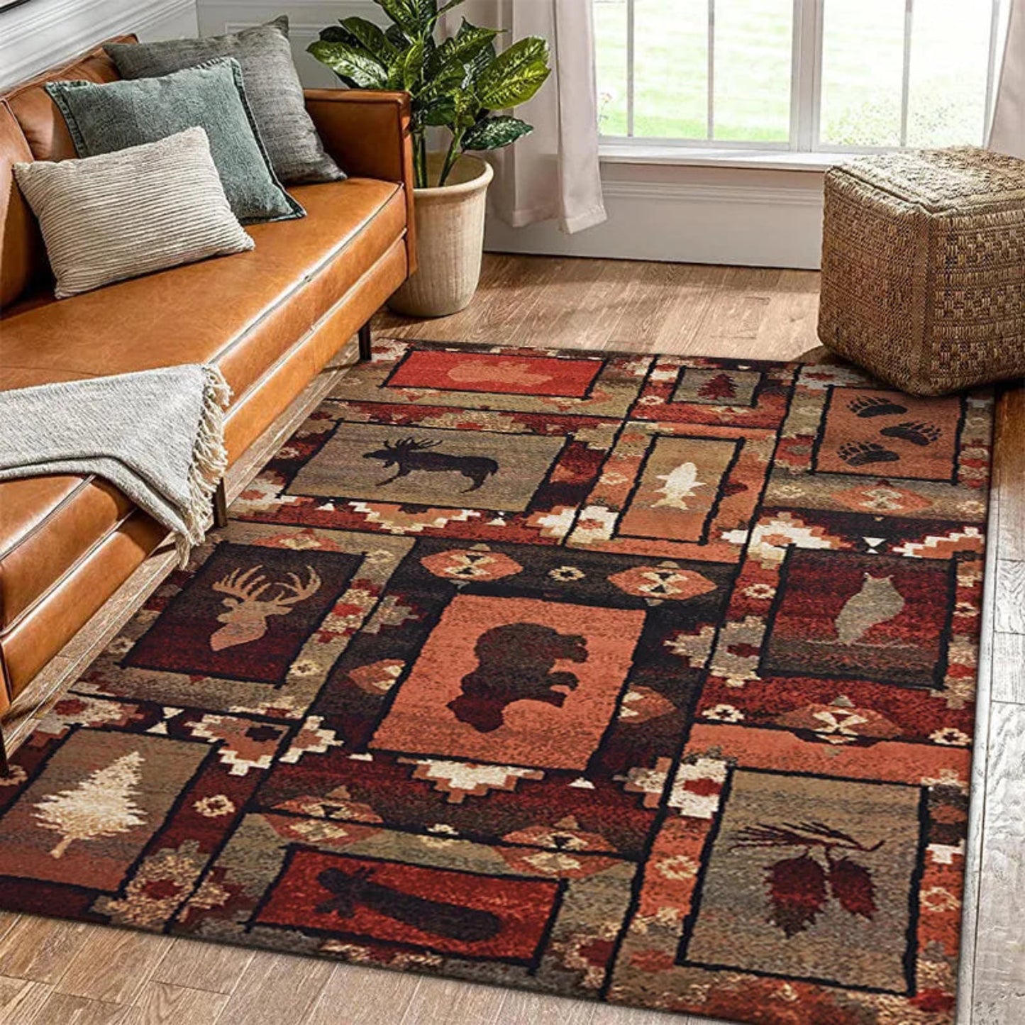Buffalo Bear Rustic Rug Large Area Non-Slip Carpet Bear Elk Deer Wildlife Carpet Living Room Entrance Door Mats Indoor Foot Mat