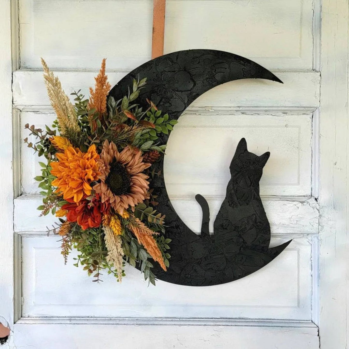 Halloween Moon Cat Flower Wreath Door Hanging Decorations Simulate Black Rose Rattan Circle Atmosphere Decorations Wall Garland