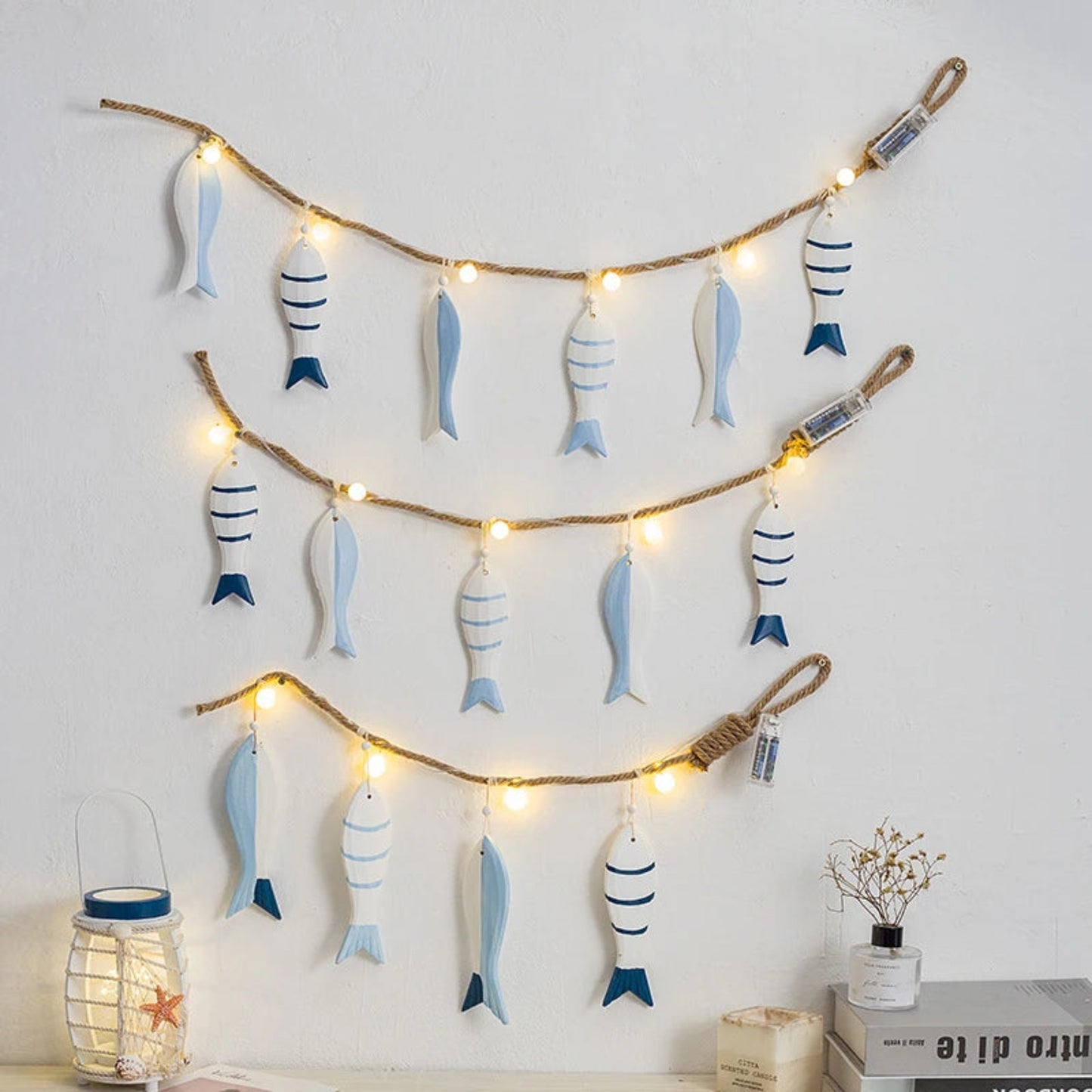 Mediterranean Fish Wall Hanging Pendant LED Light Fish String Ornament Home Bedroom Café Bar Decoration Ocean Nautical Theme