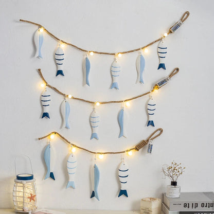 Mediterranean Fish Wall Hanging Pendant LED Light Fish String Ornament Home Bedroom Café Bar Decoration Ocean Nautical Theme