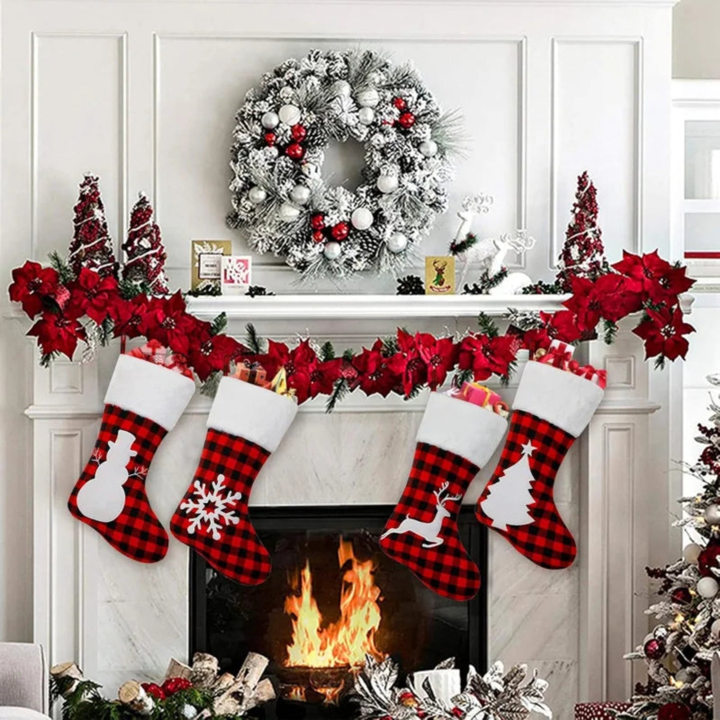 Christmas Stocking 17 Inch Large Buffalo Plaid, Faux Fur Cuff, Fireplace Hanging Sock, Perfect for Holiday Party Decorations