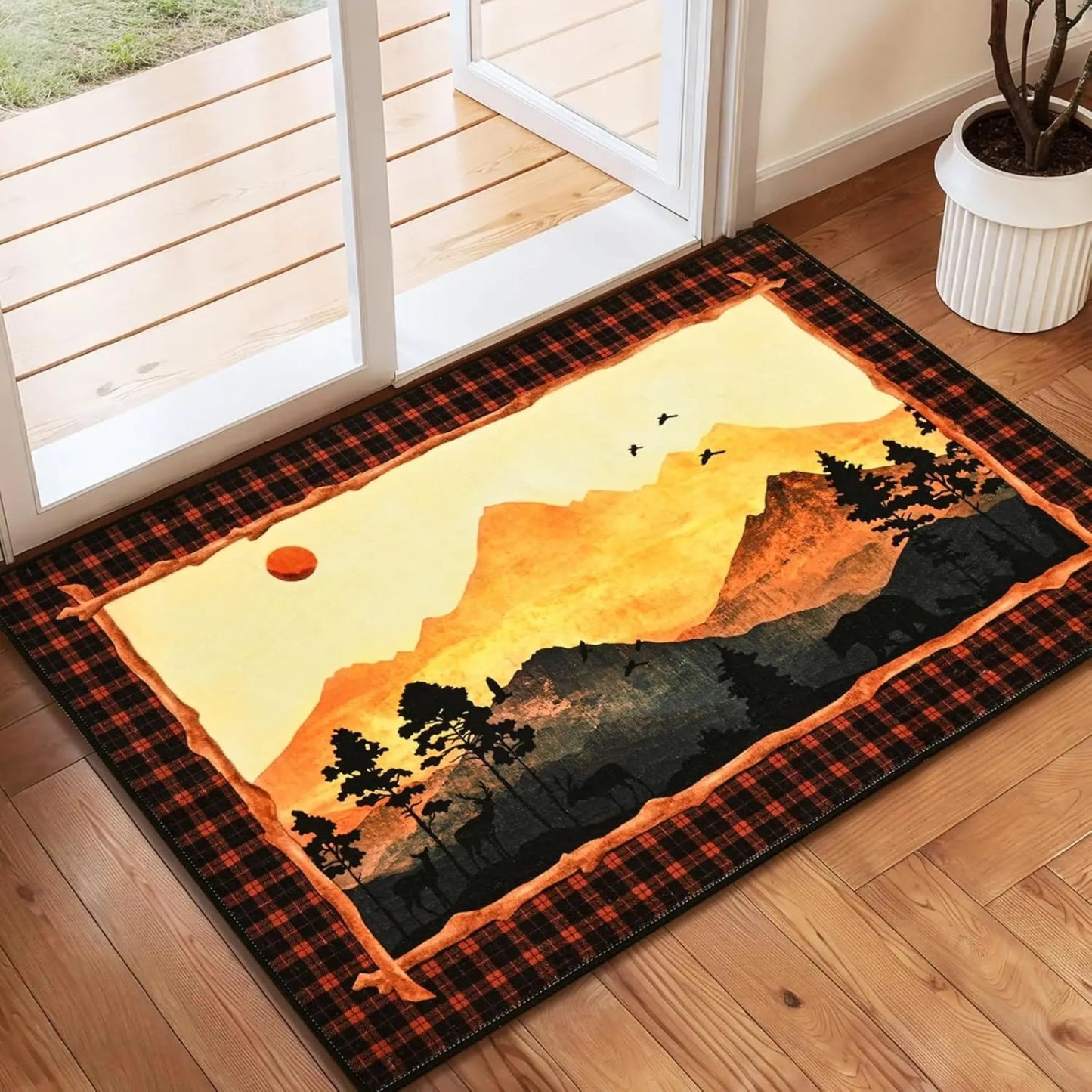 FRAMICS Farmhouse Area Rug 2x3, Rustic Cabin Lodge Deer Moose Bear Washable Rugs Non Slip, Country Wildlife Area Rug for Kitchen