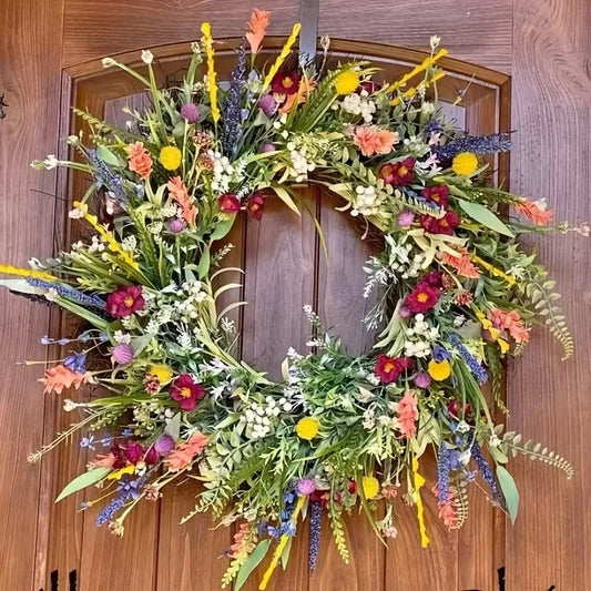 1pc Spring Summer Door Wreath for Front Door, Artificial Wildflower Spring Wreath,Multipurpose Decorative Garland Colorful 45cm