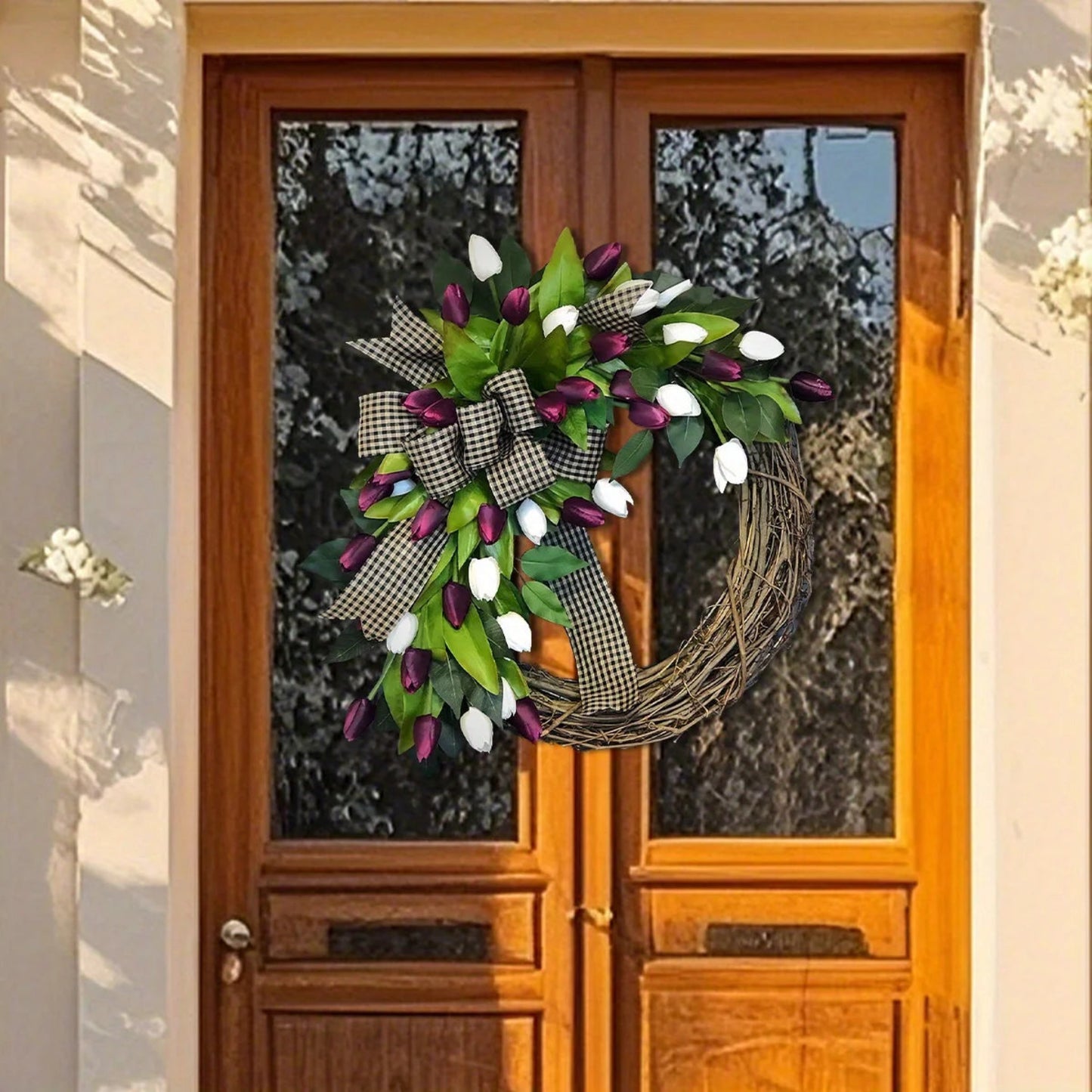 Tulip Wreath for Front Door, 13.7in Spring Summer Silk Wreath with Green Leaves & Bow Artificial Tulip Flower Wreaths