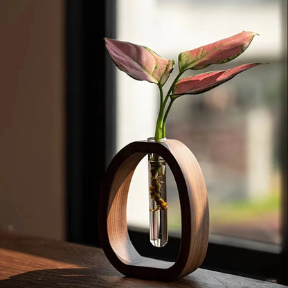 1 Piece Walnut Wooden Flower Vase Simple Glass Plant Vase Mini Aquarium Vase Flower Arrangement Home Decoration