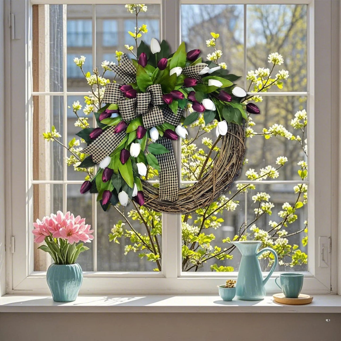 Tulip Wreath for Front Door, 13.7in Spring Summer Silk Wreath with Green Leaves & Bow Artificial Tulip Flower Wreaths