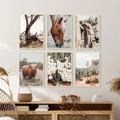 Boho Rustic Western Farmhouse Highland Cow Horse Minimalist Wall Art Canvas Painting Posters for Living Room Modern Home Decor