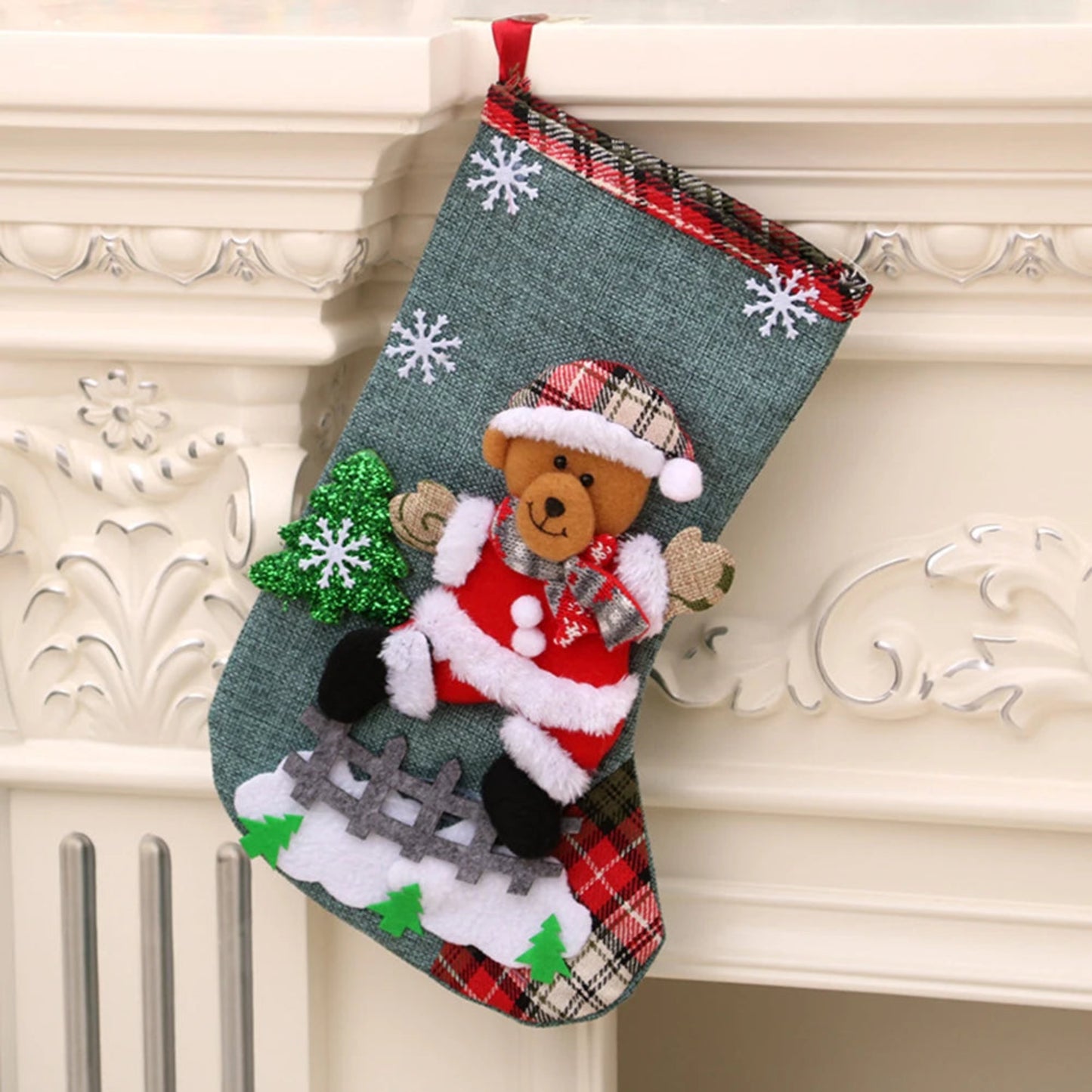 4Pcs Christmas Stockings Set Large Capacity Cute Stockings Bag Plush Santa Claus/Snowman/Bear/Elk for Xmas Tree Fireplace