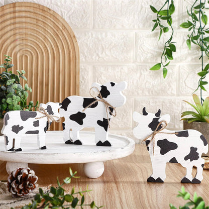 Farmhouse Wooden Cow Figurines Set of 3 Tiered Tray Decorations Rustic Standing Signs for Home Kitchen Living Room Farm Decor