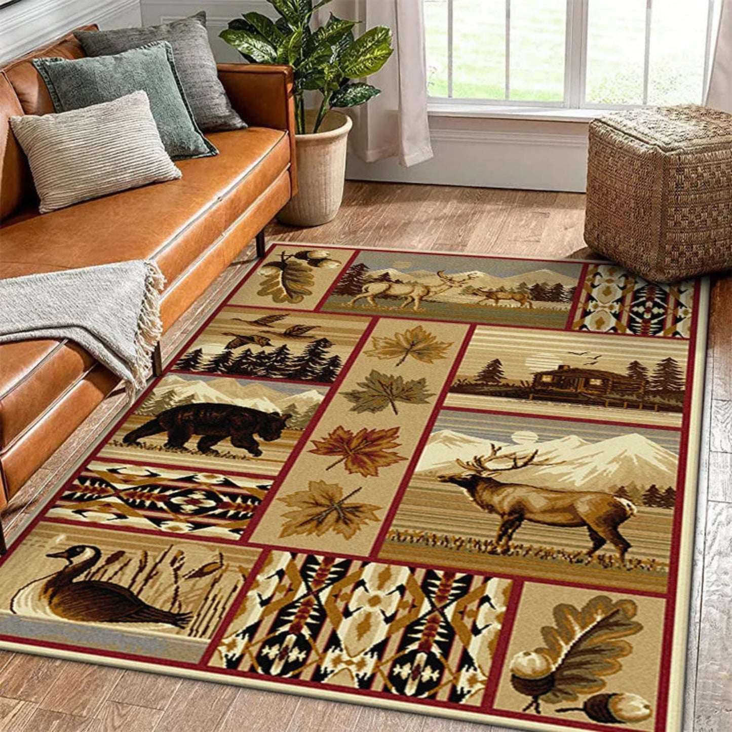 Buffalo Bear Rustic Rug Large Area Non-Slip Carpet Bear Elk Deer Wildlife Carpet Living Room Entrance Door Mats Indoor Foot Mat