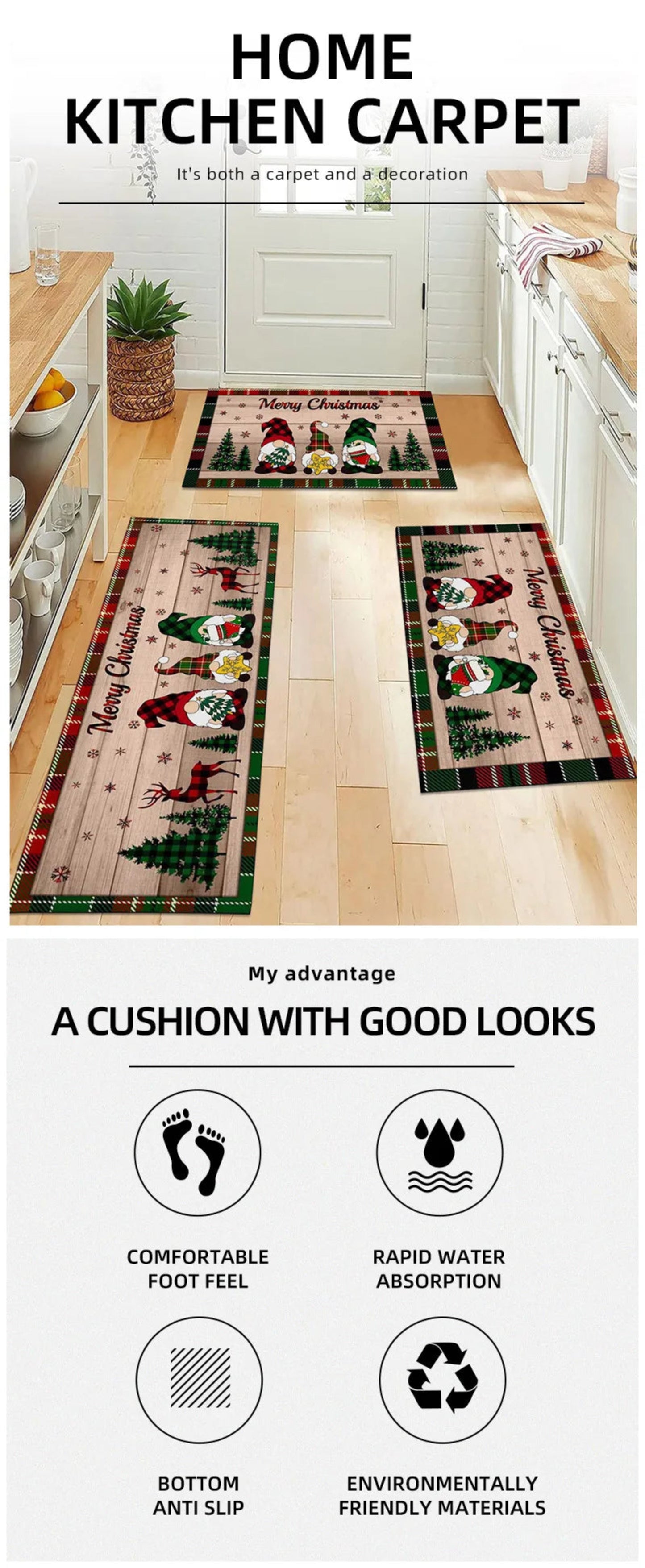 Merry Christmas Gnome Xmas Tree Pattern Kitchen Rugs Living Room Bedroom Entrance Carpets Balcony Bathroom Non-slip Floor Mats
