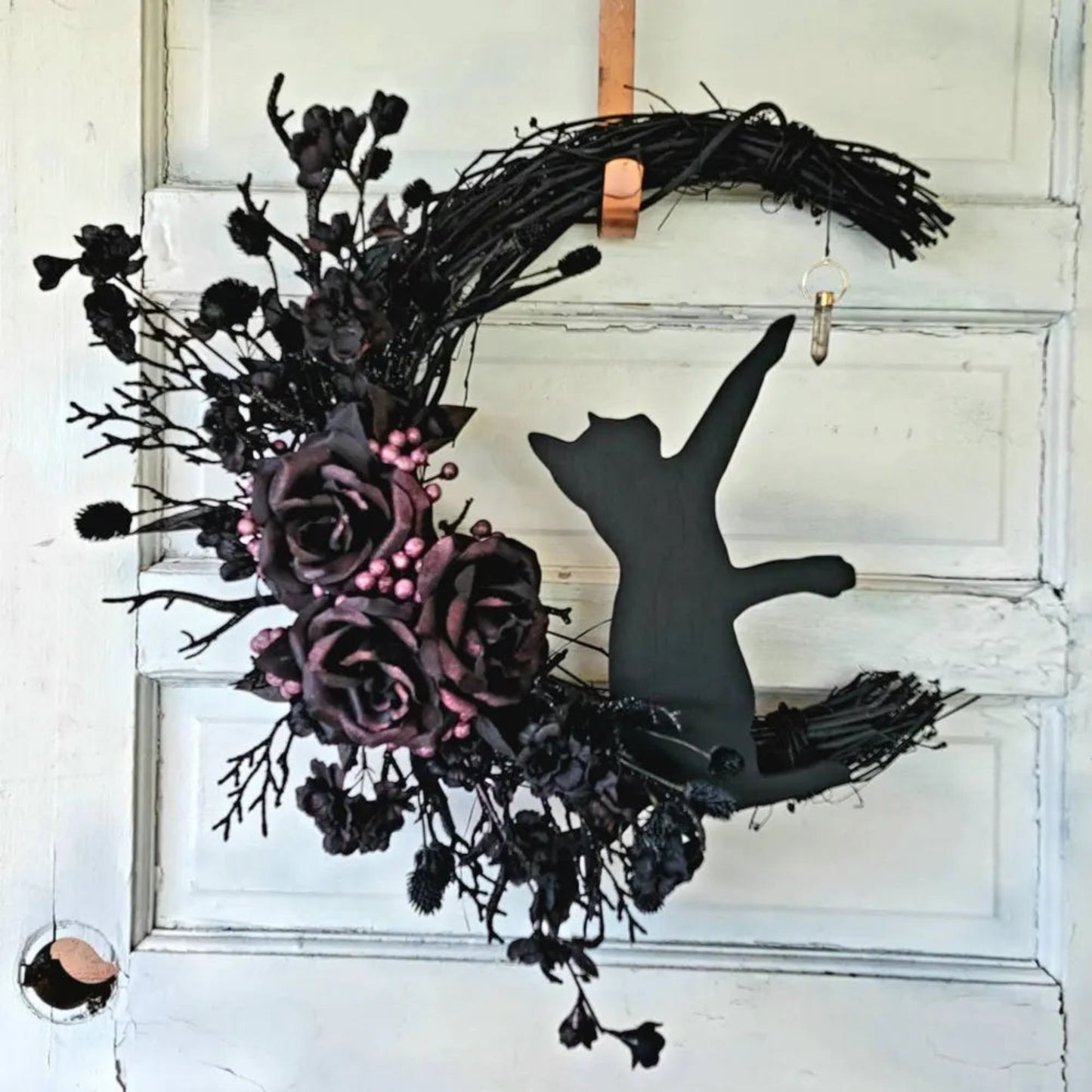 Halloween Moon Cat Flower Wreath Door Hanging Decorations Simulate Black Rose Rattan Circle Atmosphere Decorations Wall Garland