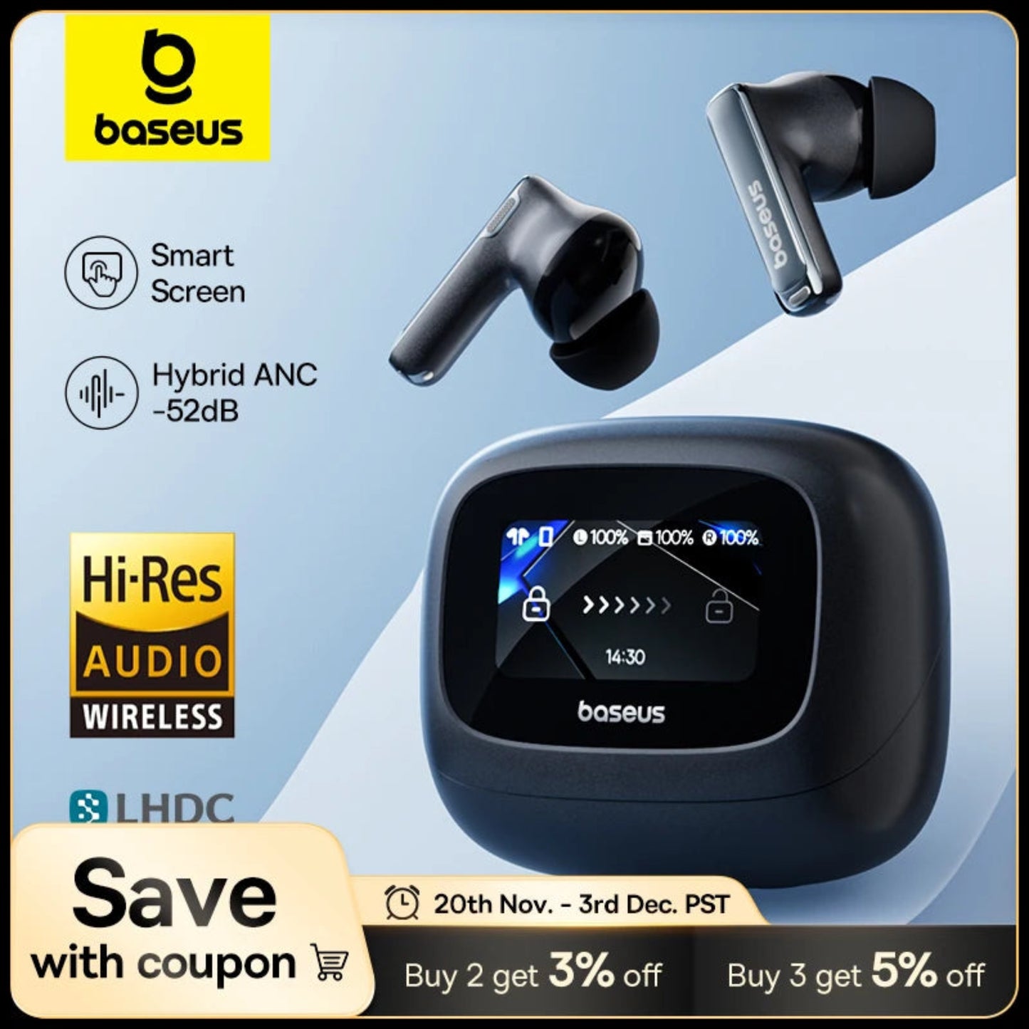 Baseus Bowie M2s Ultra Wireless Earphones Smart Screen 52dB Noise Cancelling Bluetooth 5.4 Headphones 3D Audio Spatial Earbuds