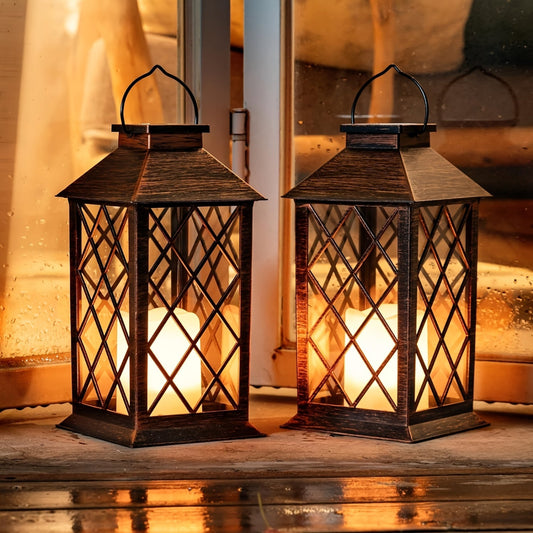 Olar Lanterns Hanging with Flickering Flameless Candles, 2pcs 13'' Lantern Decorative for Patio Front Porch Backyard Balcony (Antique Copper)