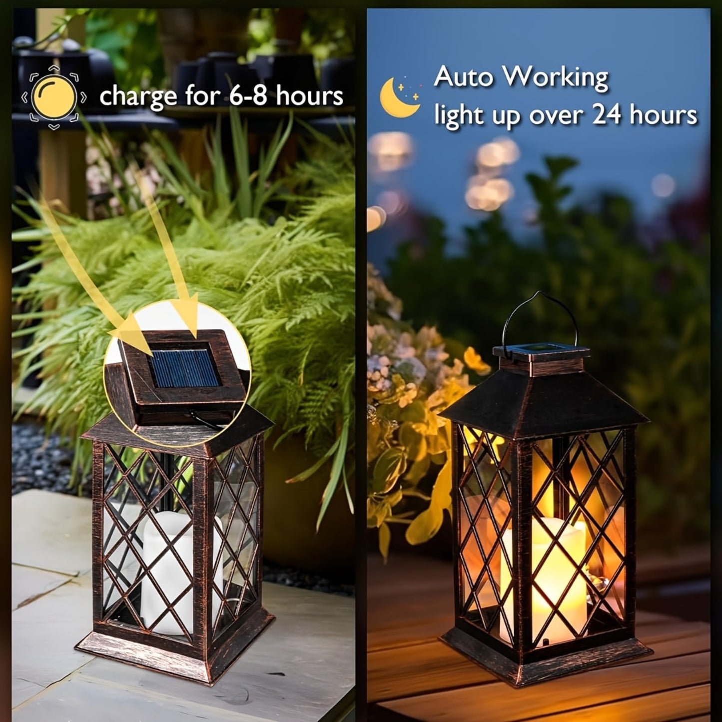 Olar Lanterns Hanging with Flickering Flameless Candles, 2pcs 13'' Lantern Decorative for Patio Front Porch Backyard Balcony (Antique Copper)