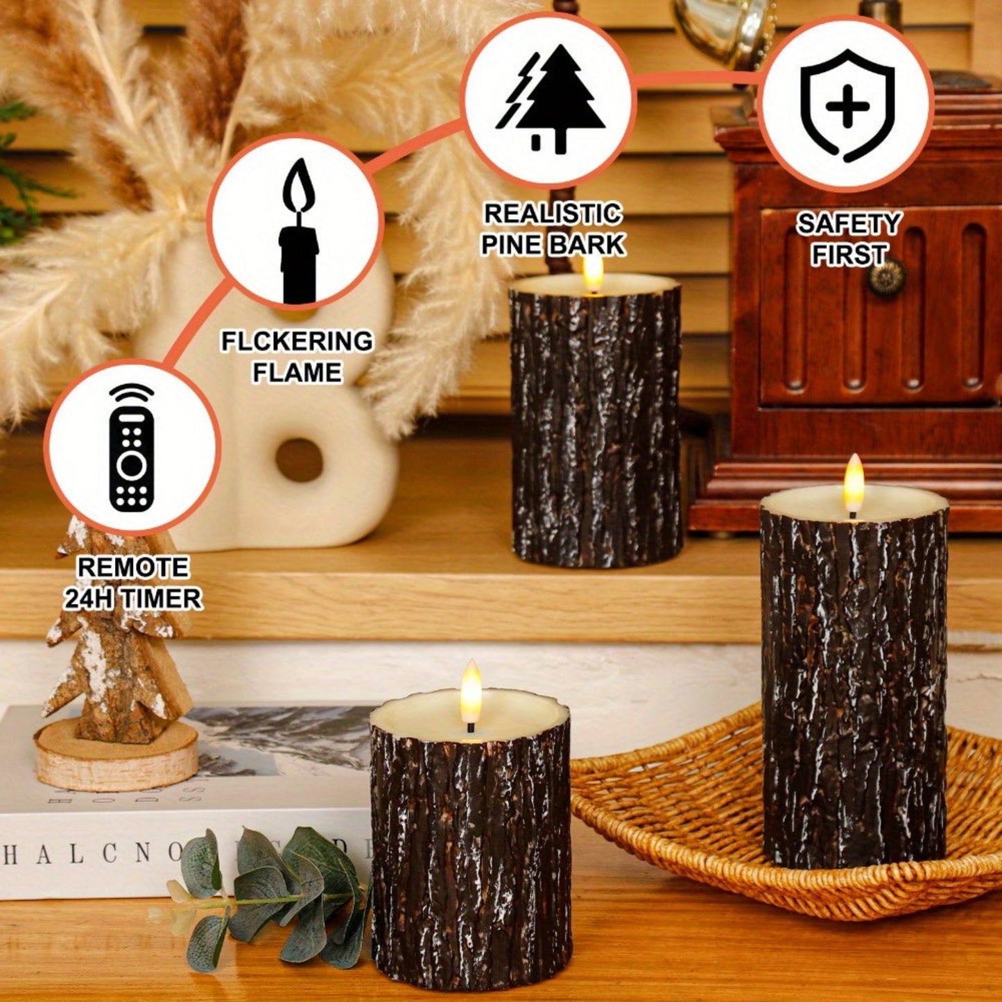 3pcs/ set Leds Flameless Candles, with Remote Control, Pine Bark LED Candles for Christmas Halloween Wedding Decoration for Mother's Day, Festivals, Parties, Bedrooms, Christmas Decorations, Halloween Decorations Gift, Christ