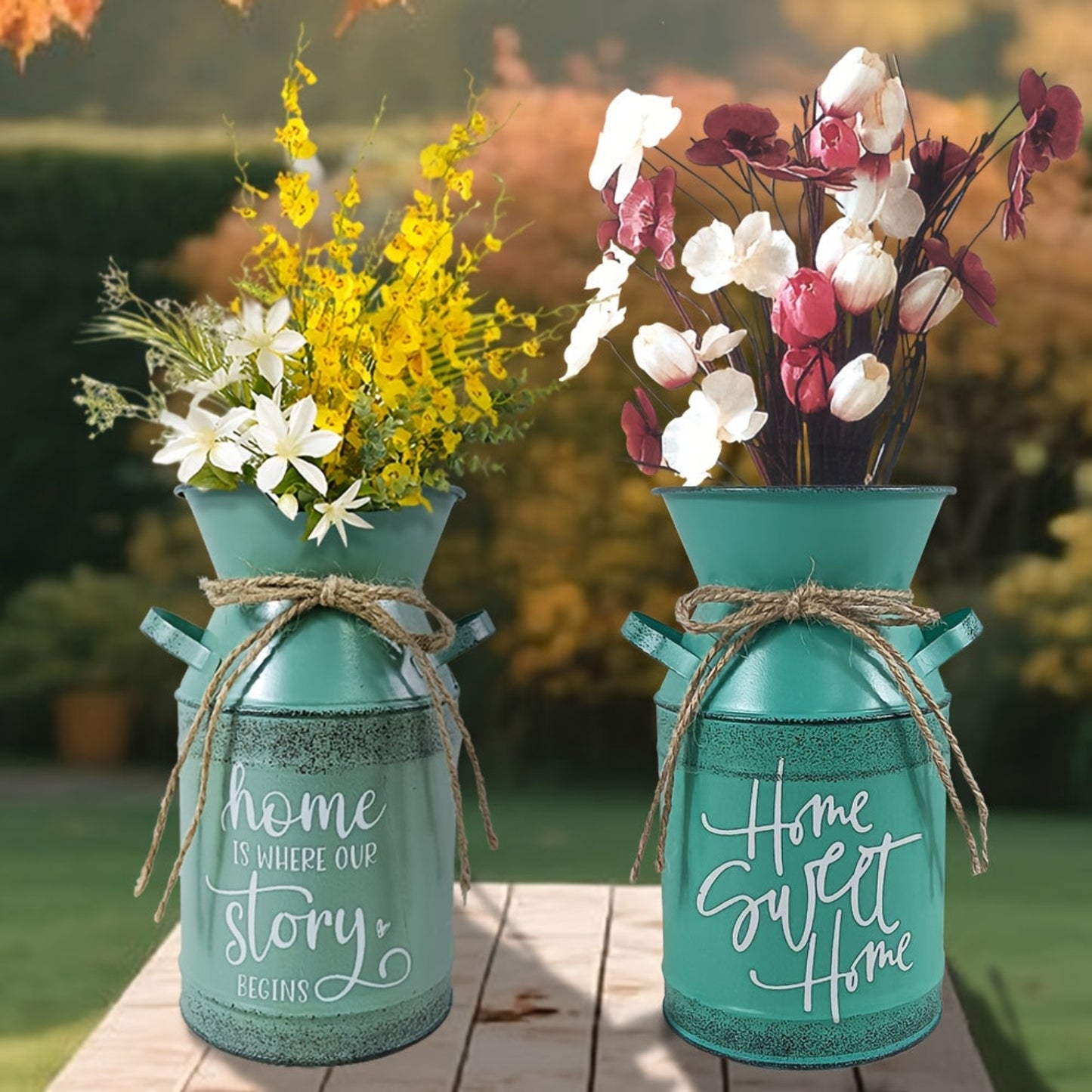 7 selectable blue and green printed village nostalgic and unique vases, small metal vases, retro milk cans, flower POTS, mini water bottles, decorative flower vases, farmhouse decorations for home, kitchen and bathroom, coffe