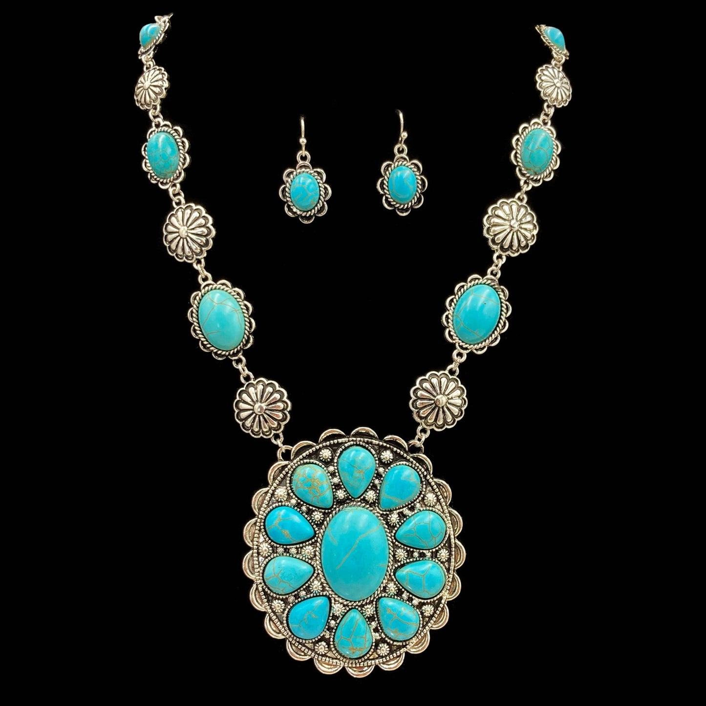 Floral Turquoise Stone Concho Pendant Western Necklace Earri