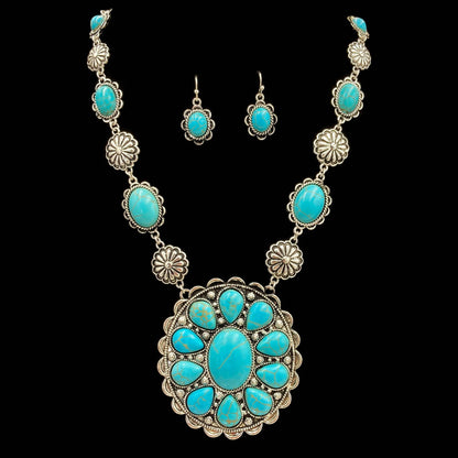 Floral Turquoise Stone Concho Pendant Western Necklace Earri