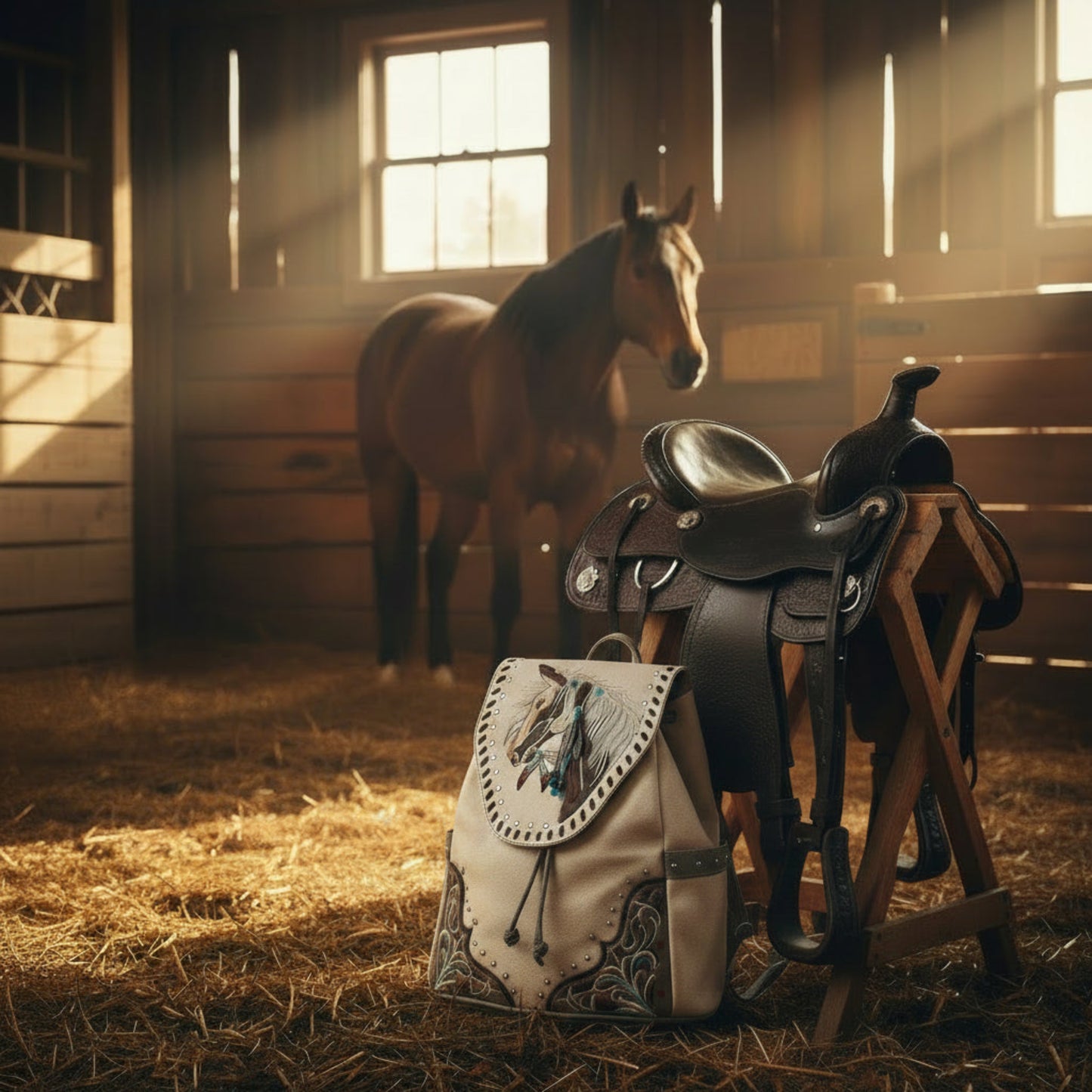 Women's Embroidered Horse Western Leather Backpack