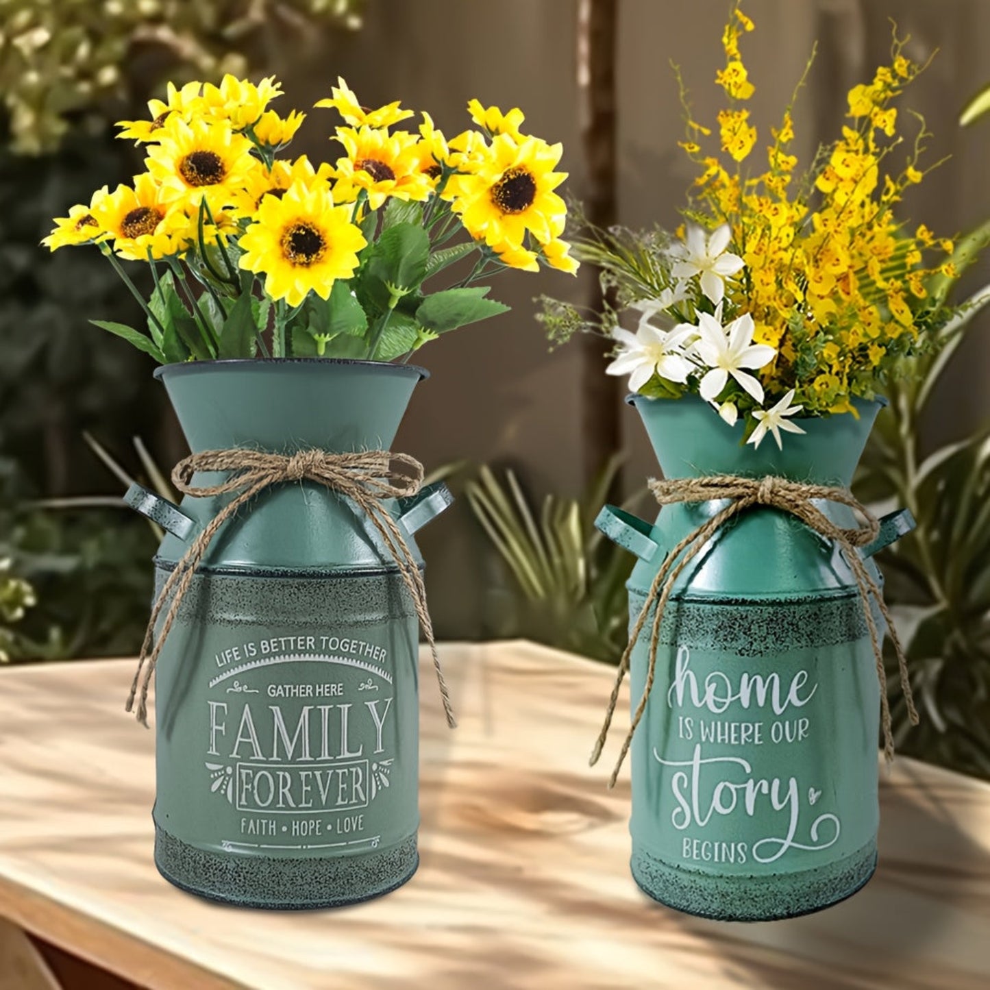 7 selectable blue and green printed village nostalgic and unique vases, small metal vases, retro milk cans, flower POTS, mini water bottles, decorative flower vases, farmhouse decorations for home, kitchen and bathroom, coffe