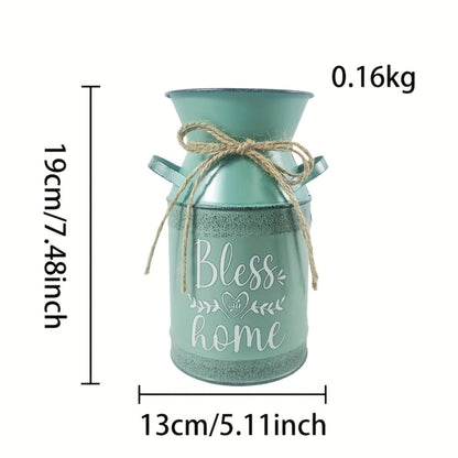 7 selectable blue and green printed village nostalgic and unique vases, small metal vases, retro milk cans, flower POTS, mini water bottles, decorative flower vases, farmhouse decorations for home, kitchen and bathroom, coffe