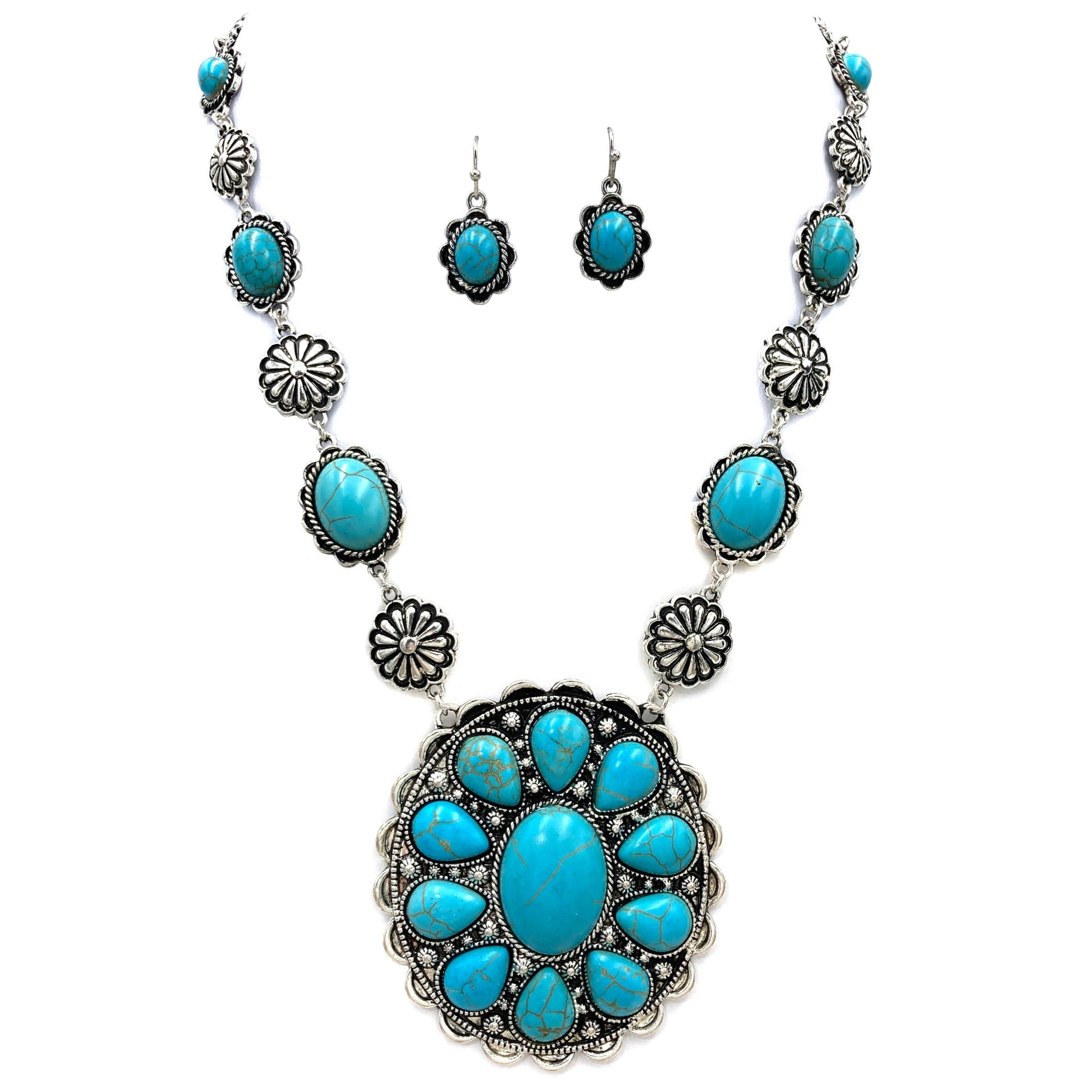 Floral Turquoise Stone Concho Pendant Western Necklace Earri