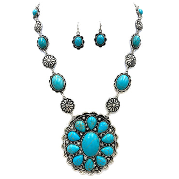 Floral Turquoise Stone Concho Pendant Western Necklace Earri