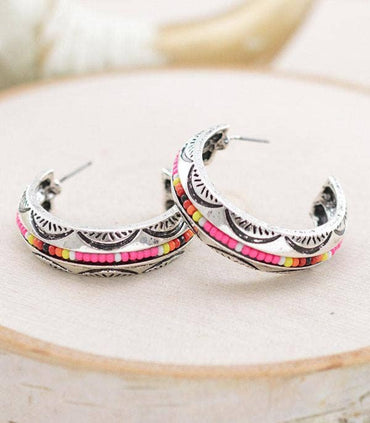 Aztec Pink Seed Bead Hoop Earrings