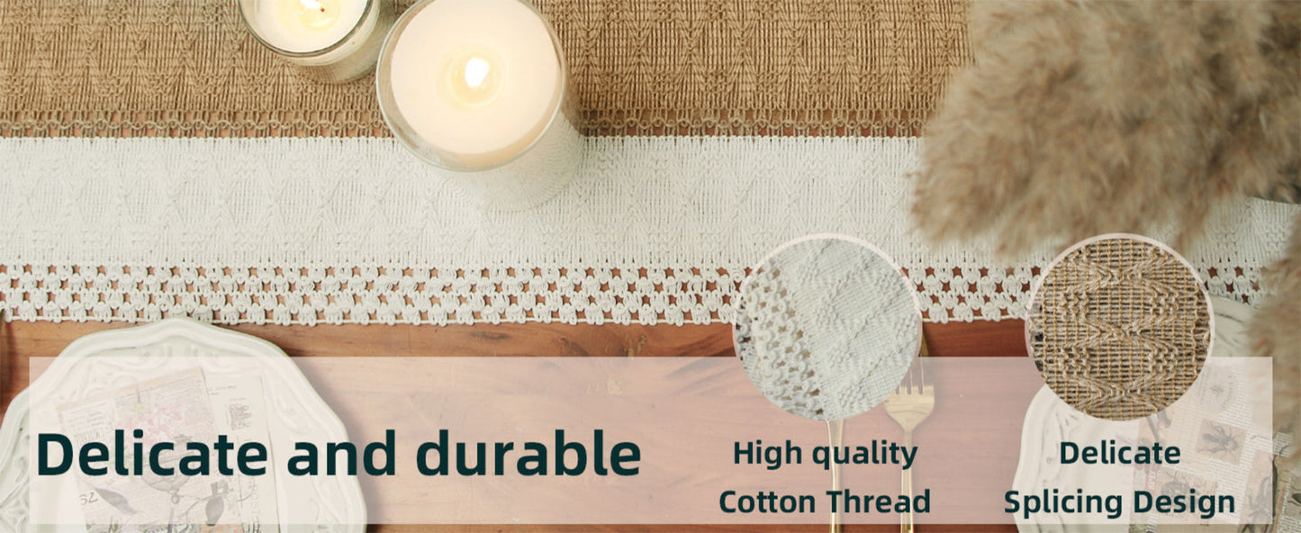 Boho Farmhouse Linen Table Runner with Tassels–Rustic Macrame, Burlap & Cotton Blend for Summer Home Decor and Holiday Events