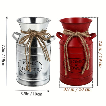 [Vintage Metal Vase] 1pc Vintage Red Galvanized Metal Milk Can Vase with Handle - 7.5-Inch Nostalgic Decorative Flower Pot for Home, Living Room, Kitchen, and Farmhouse Decoration - Farmhouse Vase | Rustic Decor | Durable Met